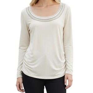 WHITE HOUSE BLACK MARKET Warm White Faux Pearl & Chainlink Ruched Top EUC Size S